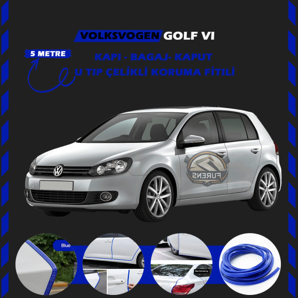 Volksvogen Golf 6 Oto Araç Kapı Koruma Fitili 5metre Parlak Mavi Renk ürün görseli 1