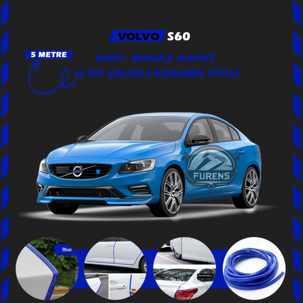 Volvo S60 Oto Araç Kapı Koruma Fitili 5metre Parlak Mavi Renk