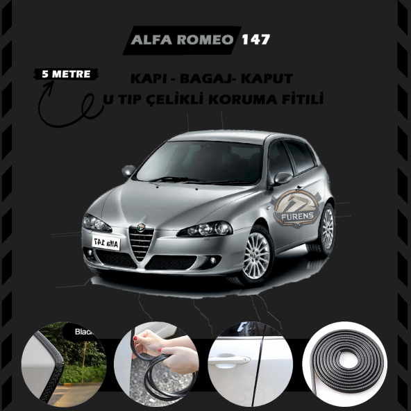 Alfa Romeo 147 Oto Araç Kapı Koruma Fitili 5metre Parlak Siyah Renk