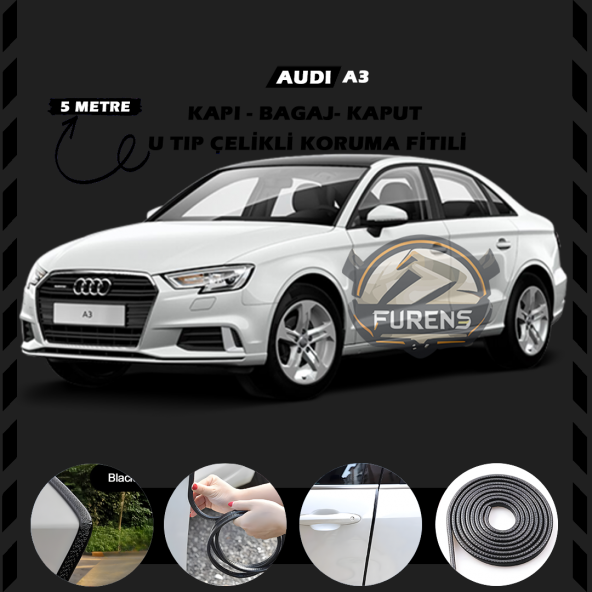 Audi A3 Oto Araç Kapı Koruma Fitili 5metre Parlak Siyah Renk ürün görseli 1