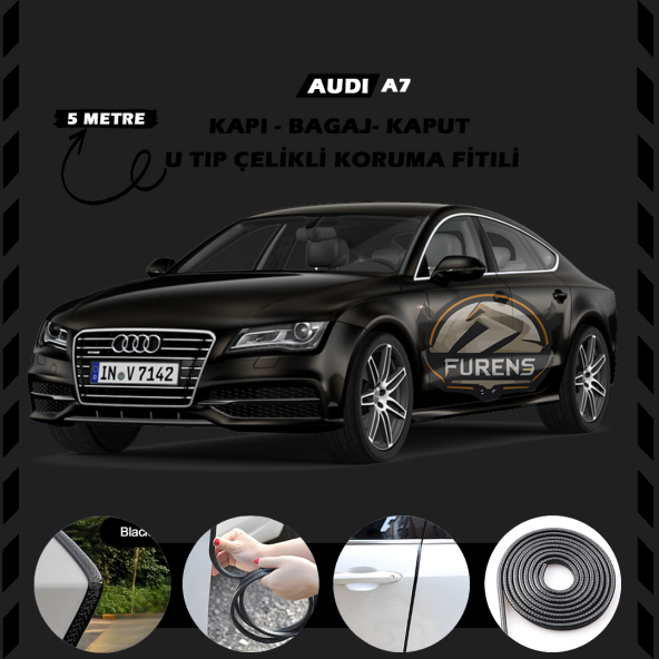Audi A7 Oto Araç Kapı Koruma Fitili 5metre Parlak Siyah Renk ürün görseli 1