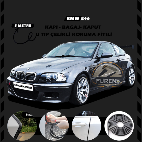 Bmw E46 Oto Araç Kapı Koruma Fitili 5metre Parlak Siyah Renk ürün görseli 1