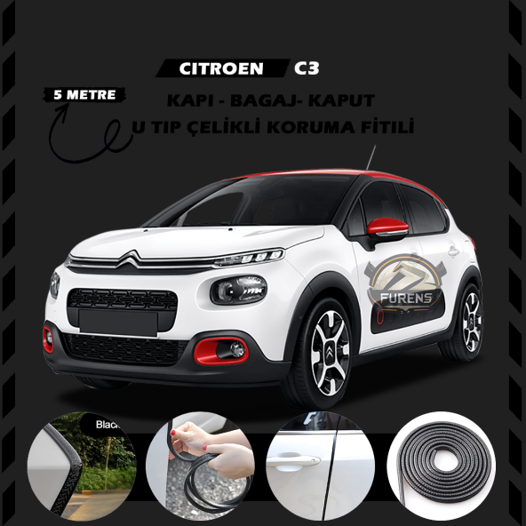 Citroen C3 Oto Araç Kapı Koruma Fitili 5metre Parlak Siyah Renk ürün görseli 1