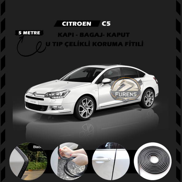 Citroen C5 Oto Araç Kapı Koruma Fitili 5metre Parlak Siyah Renk ürün görseli 1