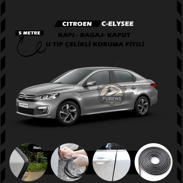 Citroen C-Elysee Oto Araç Kapı Koruma Fitili 5metre Parlak Siyah Renk ürün görseli 1