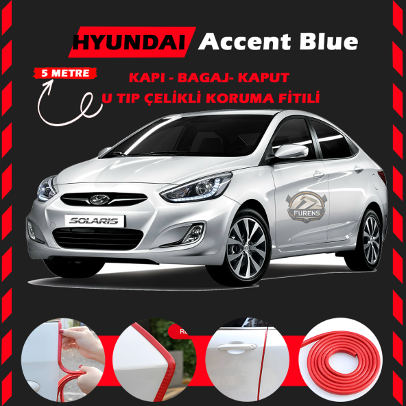 Hyunda Accent Blue Oto Araç Kapı Koruma Fitili 5metre Parlak Kırmızı Renk - 1
