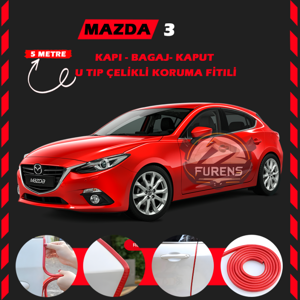 Mazda 3 Oto Araç Kapı Koruma Fitili 5metre Parlak Kırmızı Renk ürün görseli 1