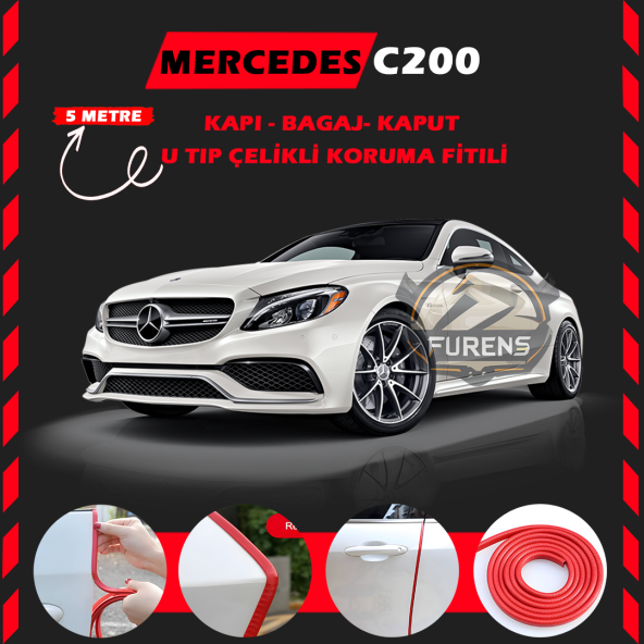 Mercedes C200 Oto Araç Kapı Koruma Fitili 5metre Parlak Kırmızı Renk ürün görseli 1
