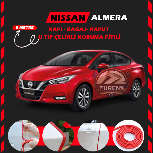 Nissan Almera Oto Araç Kapı Koruma Fitili 5metre Parlak Kırmızı Renk ürün görseli 1