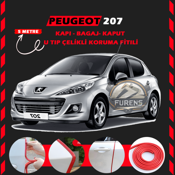 Peugeot 207 Oto Araç Kapı Koruma Fitili 5metre Parlak Kırmızı Renk - 1