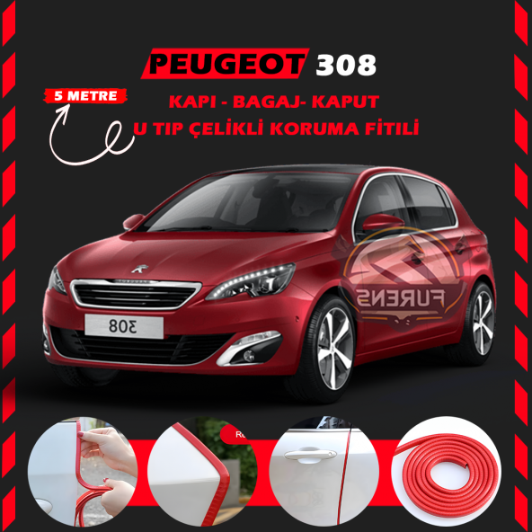 Peugeot 308 Oto Araç Kapı Koruma Fitili 5metre Parlak Kırmızı Renk ürün görseli 1