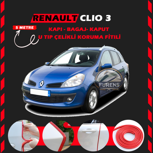 Renault Clio 3 Oto Araç Kapı Koruma Fitili 5metre Parlak Kırmızı Renk ürün görseli 1