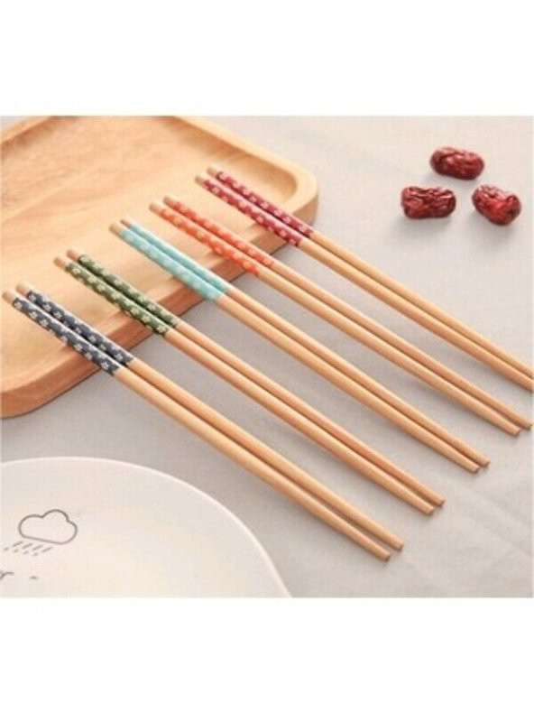 Akkoyunlu Home Bambu Chopstick 5Li Desenli Yıkanabilir Çin Çubuk Suşi Ramen Noodle Yemek Çubuğu