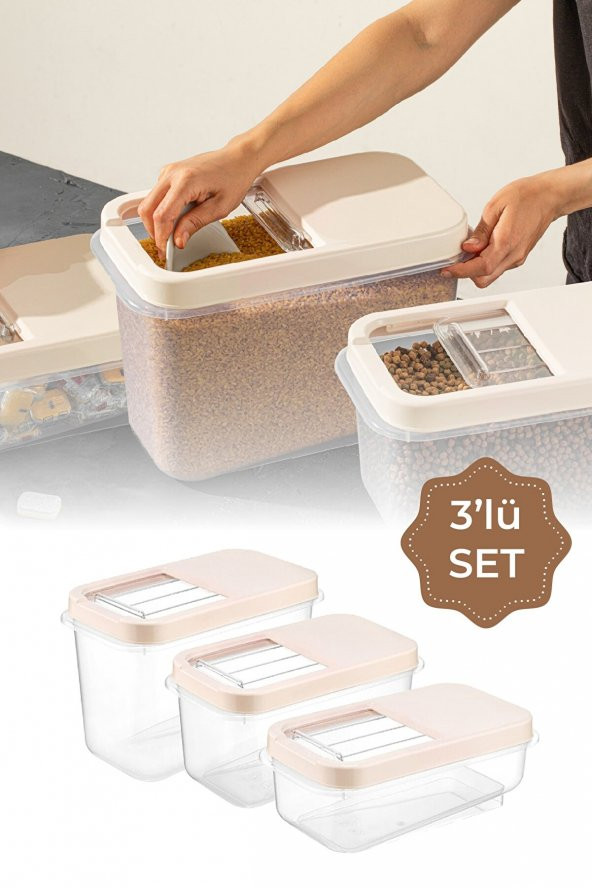 3lü Set Multibox Maxi Saklama Kabı Kaydırak Kapaklı 1x(5 Litre, 7,5 Litre, 10 Litre) Krem