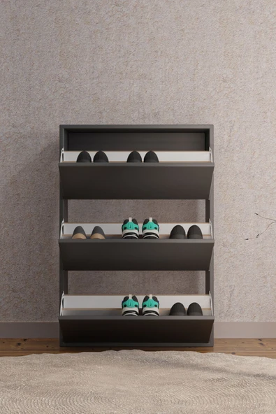 AEKA AE-1078 Vizyon Ayakkabılık Duvara Monte Edilebilir, Antrasit Düşer Kapak, 3 Kapaklı, 6 Raflı, 110 cm - 5