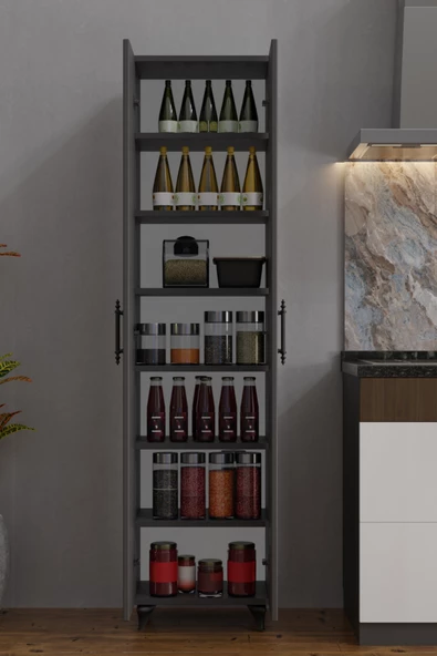 AEKA AE-3085 SELEN ÇOK AMAÇLI DOLAP 7 Raflı,2 Kapaklı Mutfak Dolabı Kiler Dolabı Banyo Dolabı Antrasit - 2