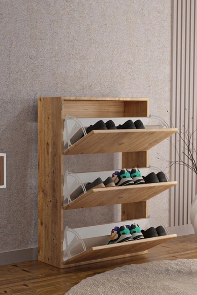 AEKA AE-1078 Vizyon Ayakkabılık Duvara Monte Edilebilir, Atlantik Çam Düşer Kapak, 3 Kapaklı, 6 Raflı - 2