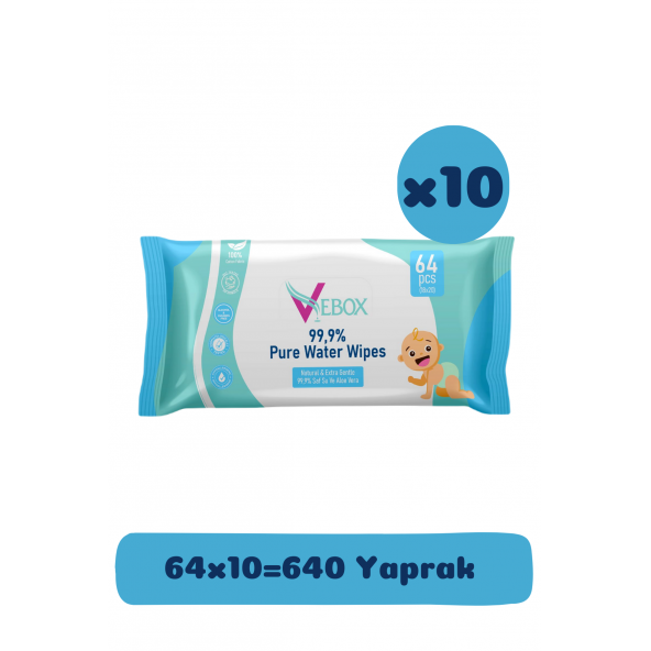 Vebox Pure Water Wipes Yenidoğan Islak Bebek Bakım Havlusu 64'lü x10 (640 Yaprak)