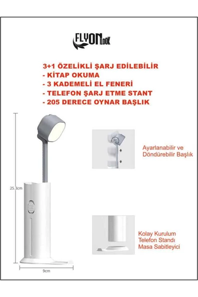 3+1 Şarjlı Kitap Okuma Lambası , Fener 3 Kademeli ,Acil durum Powerbank ve Telefon Tutucu Lamba - 2