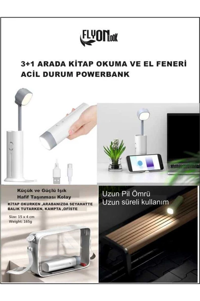 3+1 Şarjlı Kitap Okuma Lambası , Fener 3 Kademeli ,Acil durum Powerbank ve Telefon Tutucu Lamba - 4
