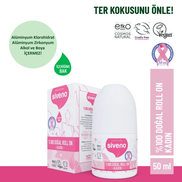 Siveno %100 Doğal Roll-On Kadın Deodorant Ter Kokusu Önleyici Bitkisel Leke Bırakmayan Vegan 50 ml