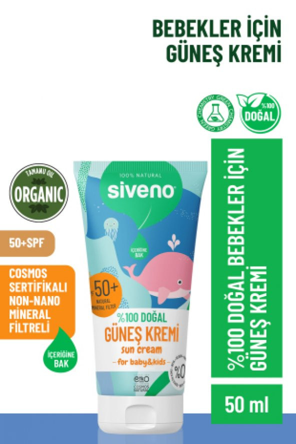 Siveno %100 Doğal Bebek Güneş Kremi Leke Karşıtı Antioksidan Nemlendirici Bitkisel Vegan UVA UVB SPF50