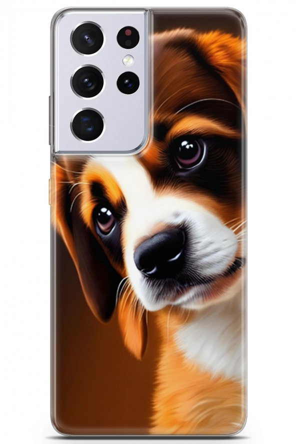 Samsung Galaxy S21 Ultra Uyumlu Kılıf Dogs 05 Üzgün Yavru Koruma Kılıfı Beyaz