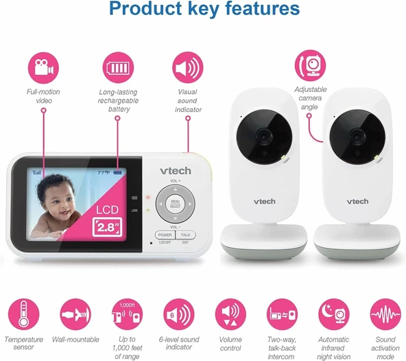 VTech VM819-2 Video Bebek Monitörü - 19 Saat Pil Ömrü - 2 Kamera - 2