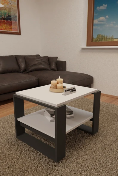 Dikdörtgen Orta Sehpa Raflı Beyaz - Antrasit - 2