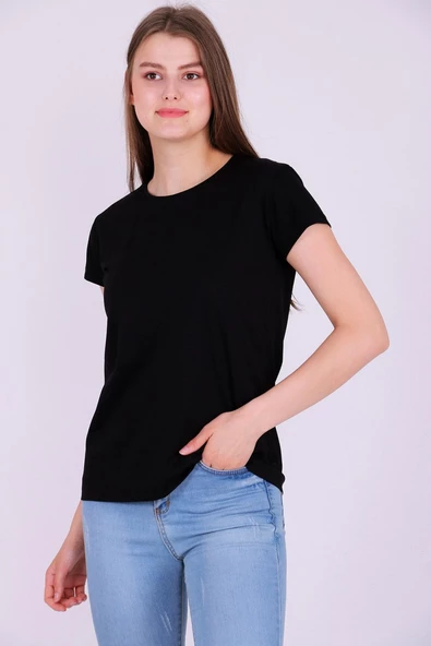 Siyah Renk %100 Pamuk Bisiklet Yaka Basic Baskısız Kadın Örme Kısa Kollu Tshirt - 3