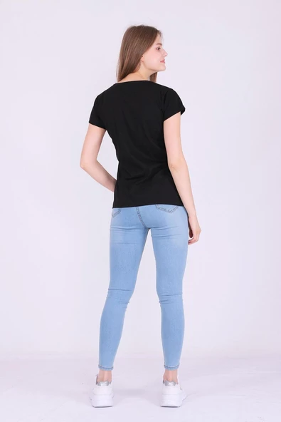 Siyah Renk %100 Pamuk Bisiklet Yaka Basic Baskısız Kadın Örme Kısa Kollu Tshirt - 7
