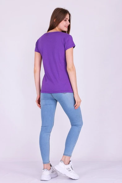 Mor Renk %100 Pamuk Bisiklet Yaka Basic Baskısız Kadın Örme Kısa Kollu Tshirt - Resim 7