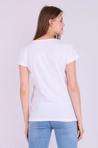 Beyaz Renk %100 Pamuk Bisiklet Yaka Basic Baskısız Kadın Örme Kısa Kollu Tshirt - 7