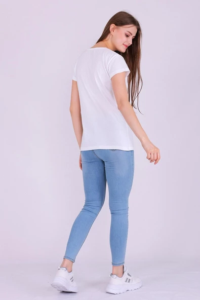 Beyaz Renk %100 Pamuk Bisiklet Yaka Basic Baskısız Kadın Örme Kısa Kollu Tshirt - 6