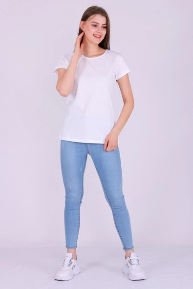 Beyaz Renk %100 Pamuk Bisiklet Yaka Basic Baskısız Kadın Örme Kısa Kollu Tshirt - 5