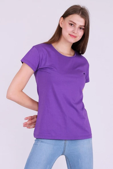 Mor Renk %100 Pamuk Bisiklet Yaka Basic Baskısız Kadın Örme Kısa Kollu Tshirt - Resim 4