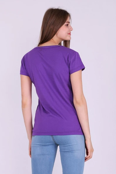 Mor Renk %100 Pamuk Bisiklet Yaka Basic Baskısız Kadın Örme Kısa Kollu Tshirt - Resim 6