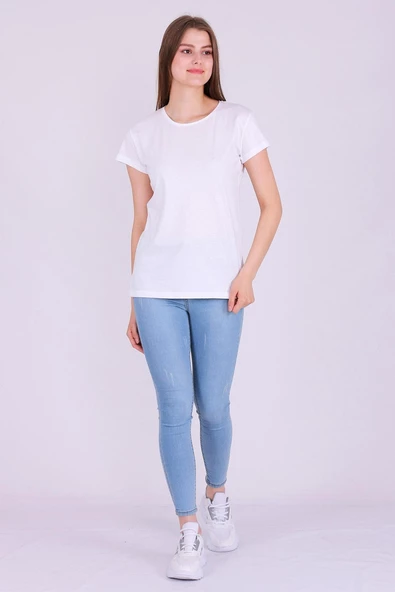 Beyaz Renk %100 Pamuk Bisiklet Yaka Basic Baskısız Kadın Örme Kısa Kollu Tshirt - 4