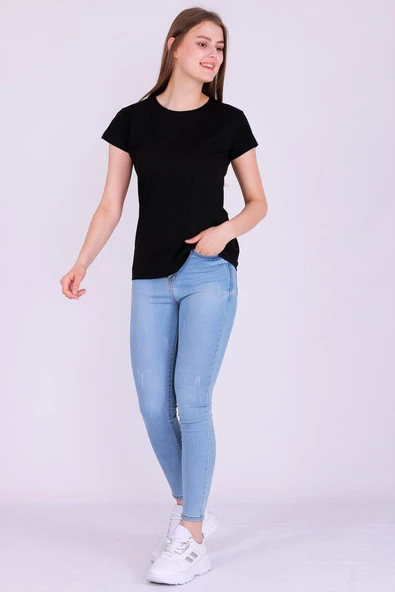 Siyah Renk %100 Pamuk Bisiklet Yaka Basic Baskısız Kadın Örme Kısa Kollu Tshirt - 5