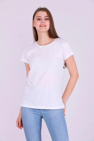 Beyaz Renk %100 Pamuk Bisiklet Yaka Basic Baskısız Kadın Örme Kısa Kollu Tshirt - 2