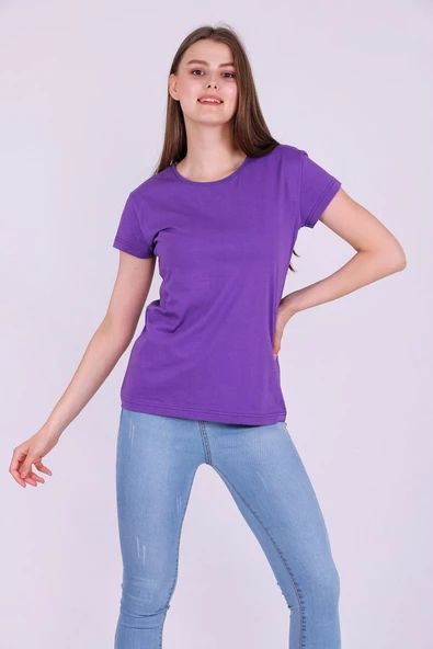 Mor Renk %100 Pamuk Bisiklet Yaka Basic Baskısız Kadın Örme Kısa Kollu Tshirt ürün görseli 1