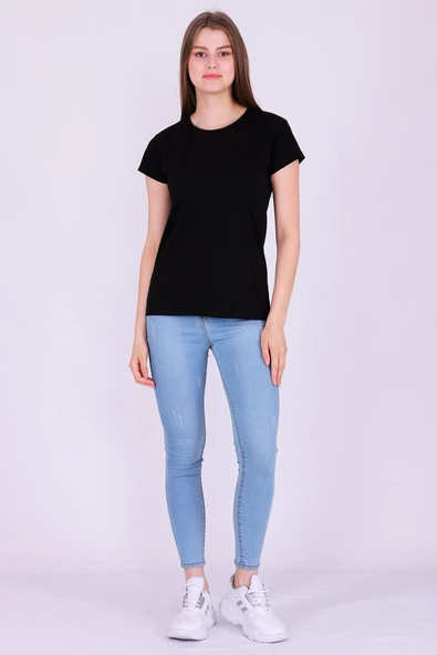 Siyah Renk %100 Pamuk Bisiklet Yaka Basic Baskısız Kadın Örme Kısa Kollu Tshirt - 4