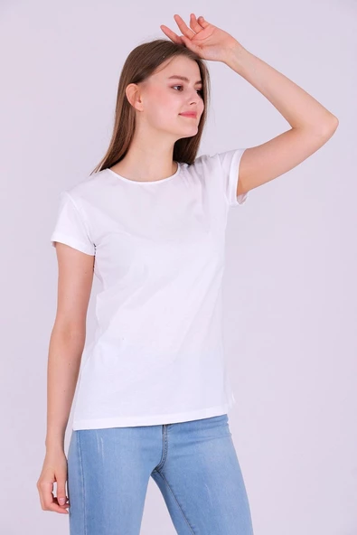 Beyaz Renk %100 Pamuk Bisiklet Yaka Basic Baskısız Kadın Örme Kısa Kollu Tshirt - 3