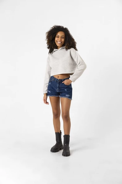 Basic Gri Kapüşonlu Crop Sweatshirt - Resim 8