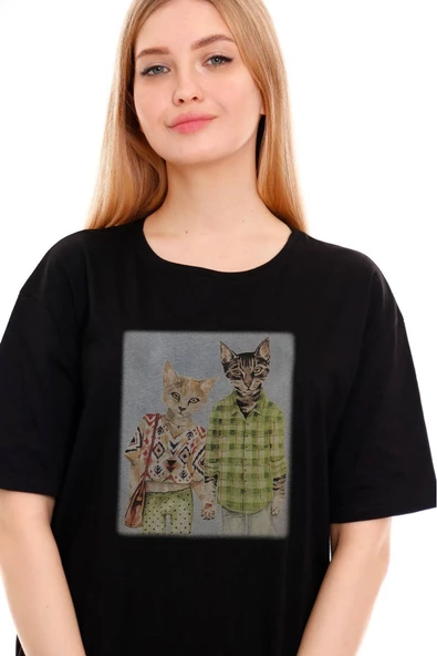 Kadın Oversize Cat Couple Baskılı Tshirt