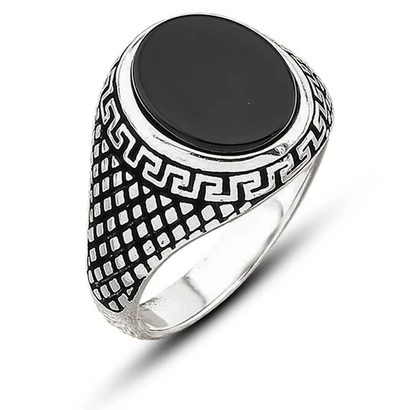 ​Gümüş Oniks Taşlı Desenli Erkek Yüzük ürün görseli 1