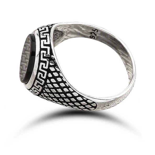 ​Gümüş Oniks Taşlı Desenli Erkek Yüzük - Resim 4