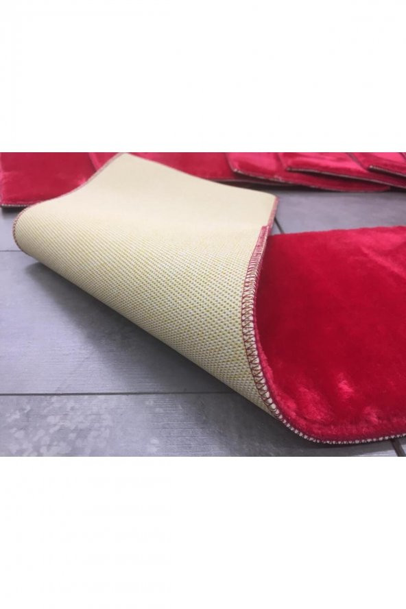 Comfort Bordo (5 Adet) Merdiven Halısı Pufidik Peluş Kaymaz Deri Tabanlı Basamak Paspası - 3