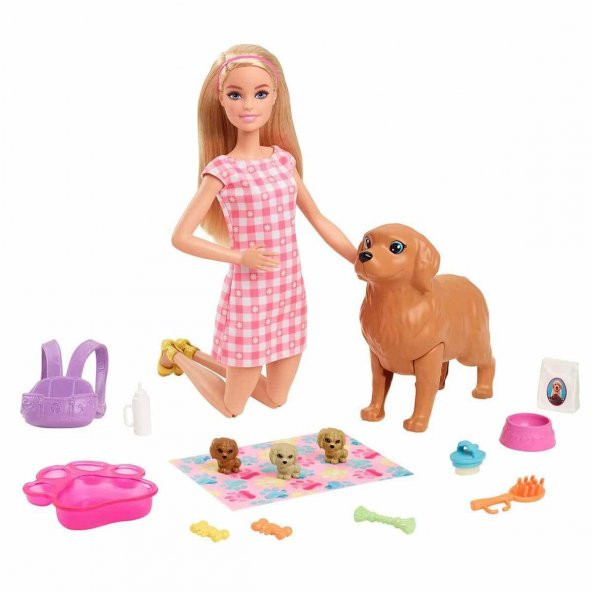 Barbie Ve Yeni Doğan Köpekler Oyun Seti Barbie Bebek Sarışın 29 Cm Yavrulayabilen Anne Köpek 3 Yavru Köpek Ve Aksesuarlar