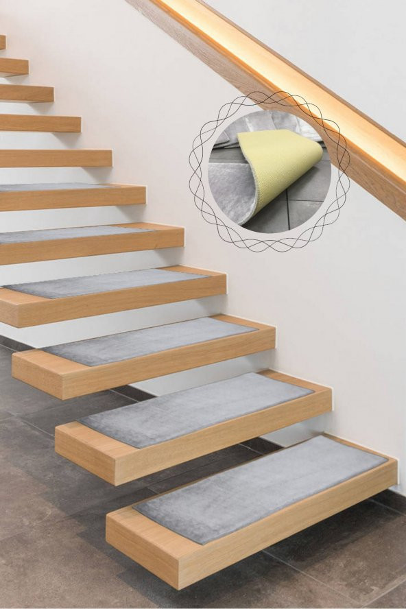 Comfort Gri (5 Adet) Merdiven Halısı Pufidik Peluş Kaymaz Deri Tabanlı Basamak Paspası